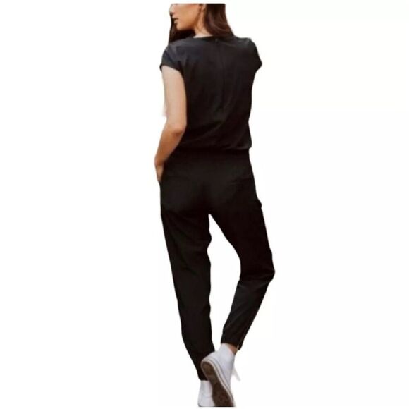 Albion Black Collar Roll Tab Short Sleeve Zipper Jogger Jumpsuit Women’s Small - Picture 2 of 13